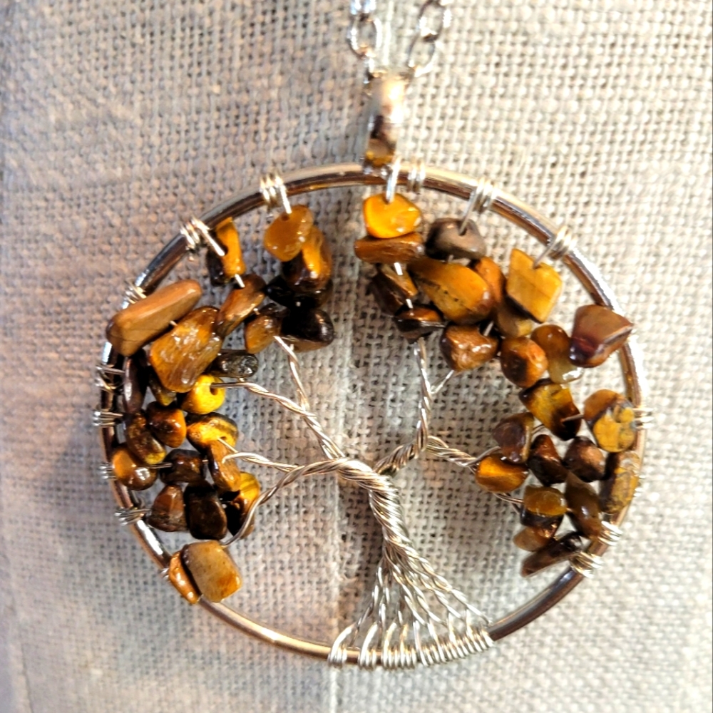 Tigers eye tree of life necklace silver tone chain